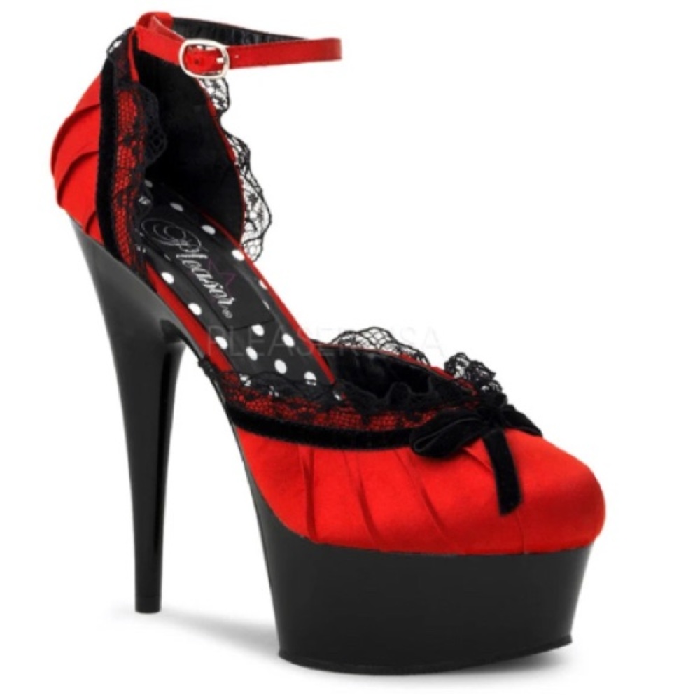 Pleaser Delight-676 Red Black Satin D’Orsay Heels